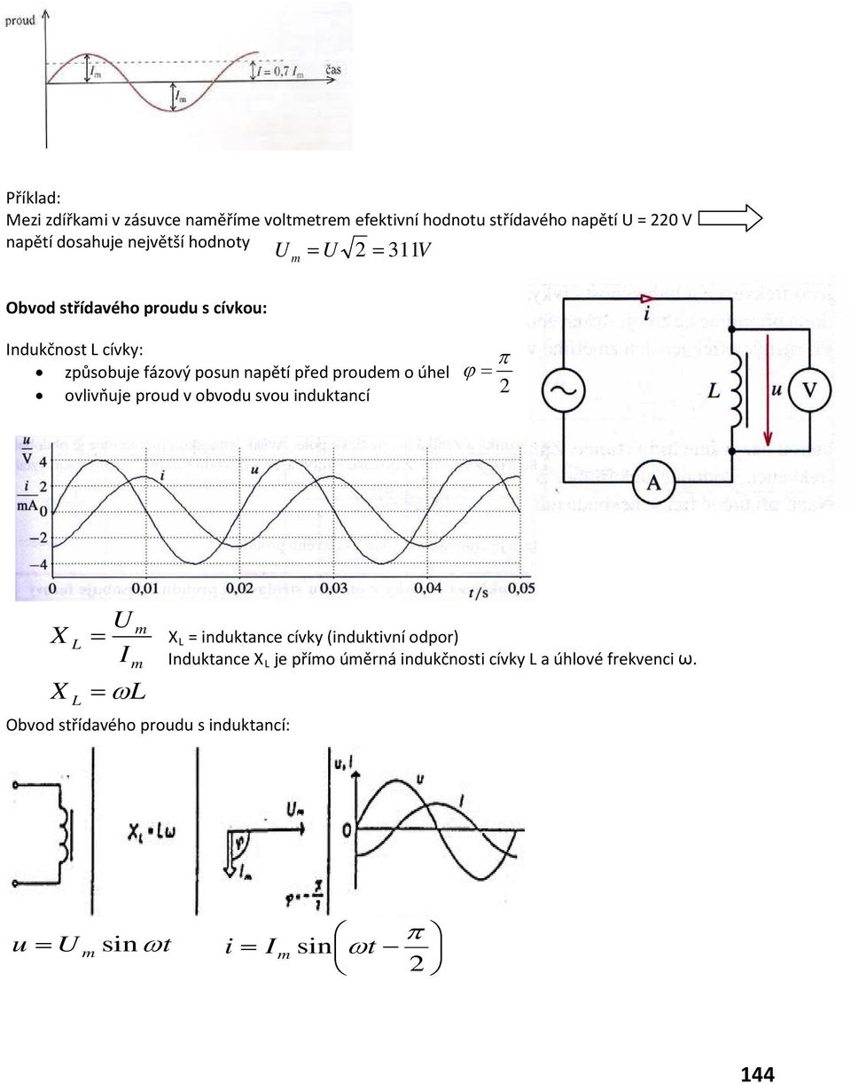 ovlivňuje proud v obvodu svou induktancí π ϕ X X L L ωl Obvod střídavého proudu s induktancí: X L induktance