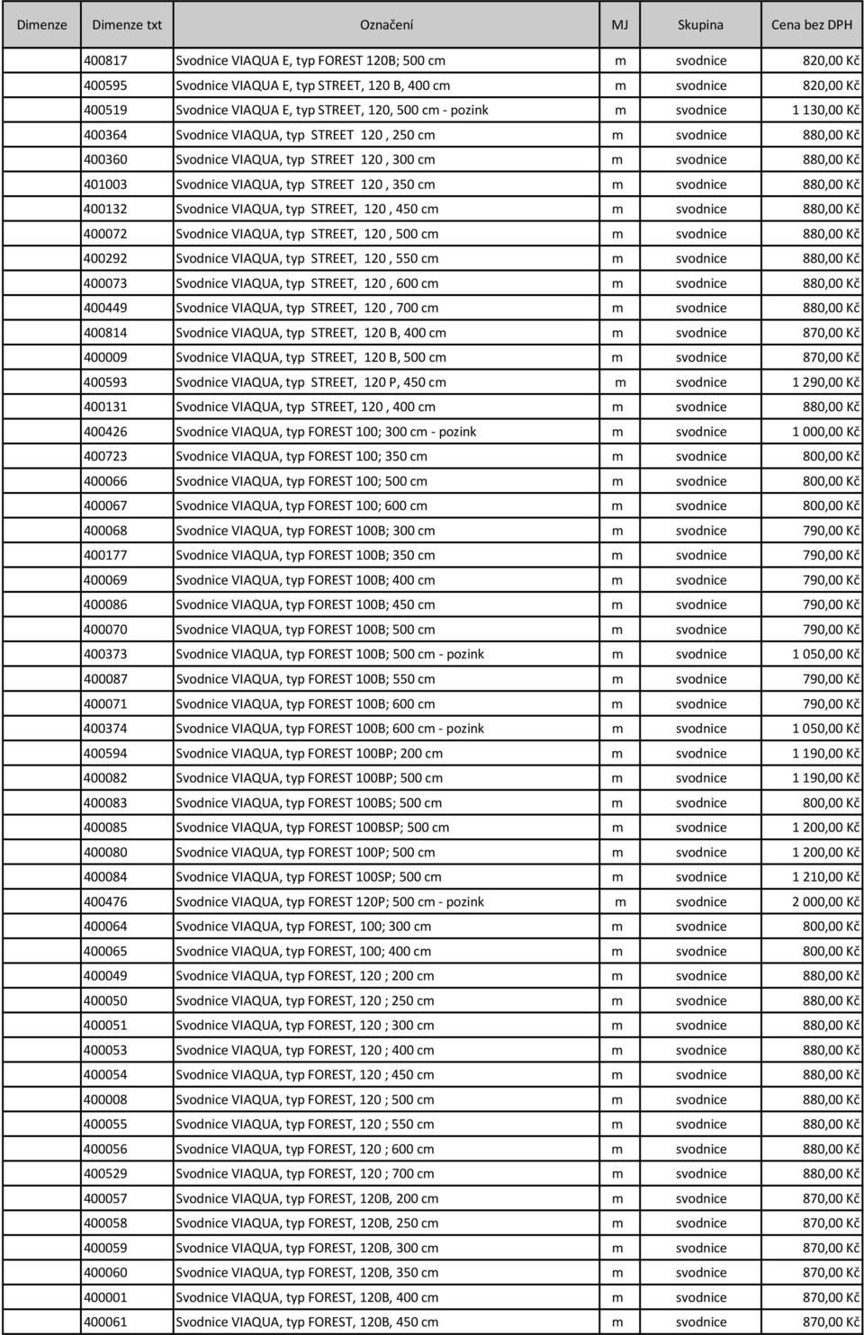 STREET 120, 350 cm m svodnice 880,00 Kč 400132 Svodnice VIAQUA, typ STREET, 120, 450 cm m svodnice 880,00 Kč 400072 Svodnice VIAQUA, typ STREET, 120, 500 cm m svodnice 880,00 Kč 400292 Svodnice