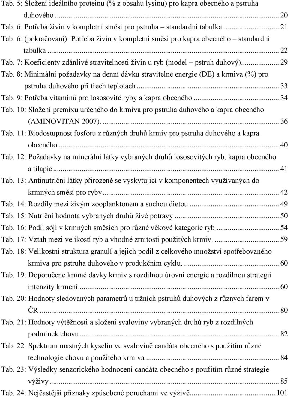 8: Minimální požadavky na denní dávku stravitelné energie (DE) a krmiva (%) pro pstruha duhového při třech teplotách... 33 Tab. 9: Potřeba vitaminů pro lososovité ryby a kapra obecného... 34 Tab.