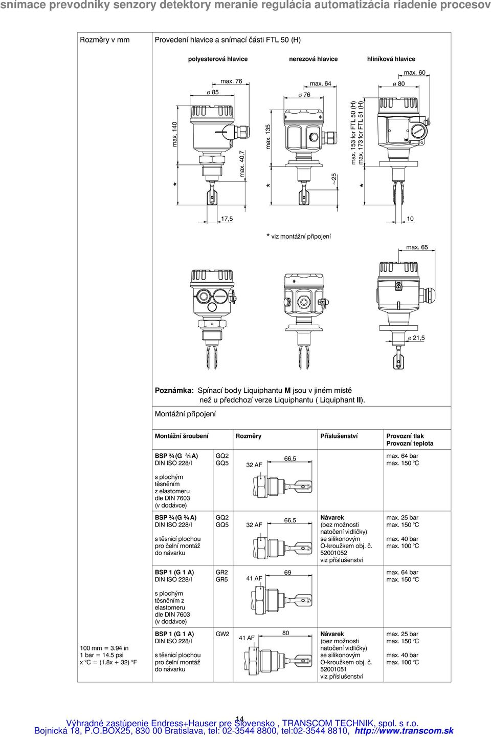 Montážní připojení Montážní šroubení Rozměry Příslušenství Provozní tlak Provozní teplota BSP ¾ (G ¾ A) DIN ISO 228/I GQ2 GQ5 32 AF 66,5 max. 64 bar max.