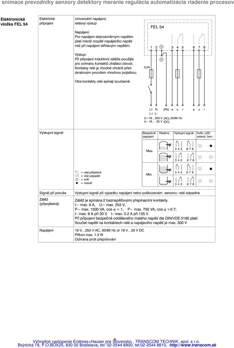 0,5A Oba kontakty relé spínají současně. L1 N L+ L (PE) U~19 253 V (AC), 50/60 Hz U 19 55 V (DC) a u r a u r Výstupní signál Bezpečné zapojení Hladina Výstupní signál Indik. LED zelená červ. Max.