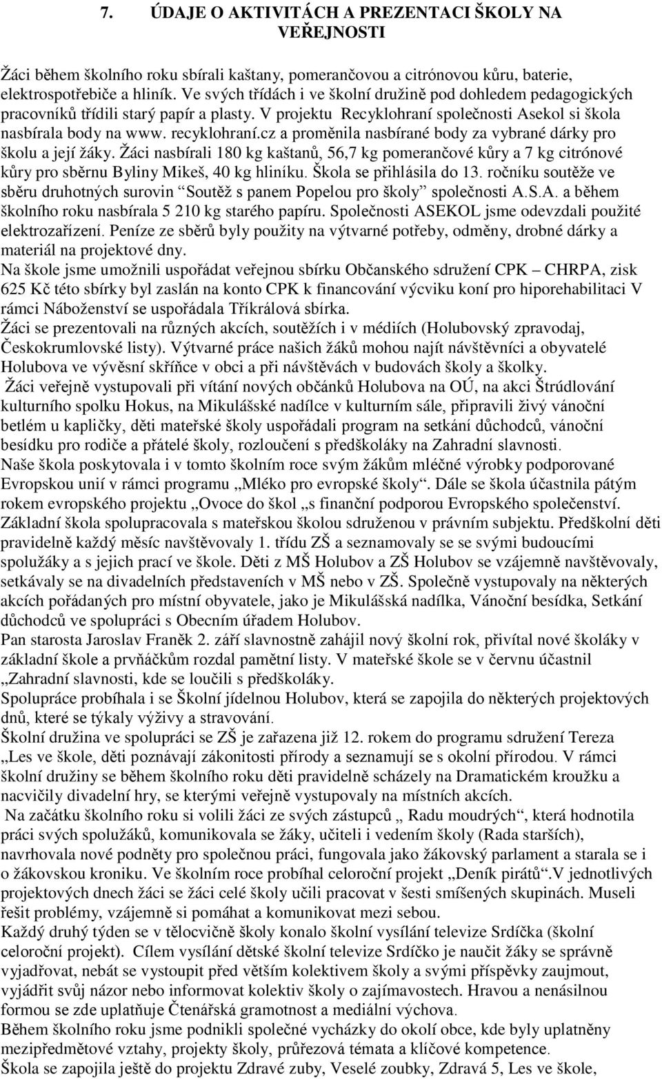 cz a proměnila nasbírané body za vybrané dárky pro školu a její žáky. Žáci nasbírali 180 kg kaštanů, 56,7 kg pomerančové kůry a 7 kg citrónové kůry pro sběrnu Byliny Mikeš, 40 kg hliníku.