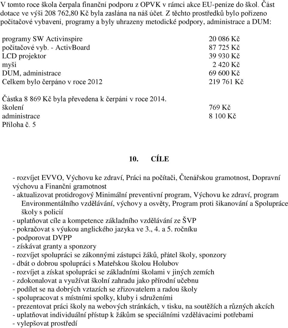 - ActivBoard LCD projektor myši DUM, administrace Celkem bylo čerpáno v roce 2012 Částka 8 869 Kč byla převedena k čerpání v roce 2014. školení administrace Příloha č.