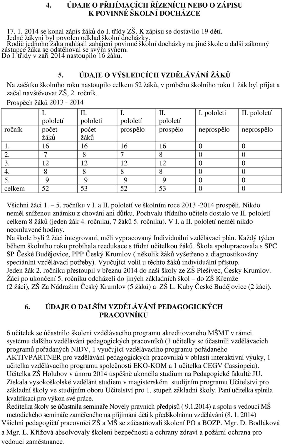 ÚDAJE O VÝSLEDCÍCH VZDĚLÁVÁNÍ ŽÁKŮ Na začátku školního roku nastoupilo celkem 52 žáků, v průběhu školního roku 1 žák byl přijat a začal navštěvovat ZŠ, 2. ročník. Prospěch žáků 2013-2014 I.