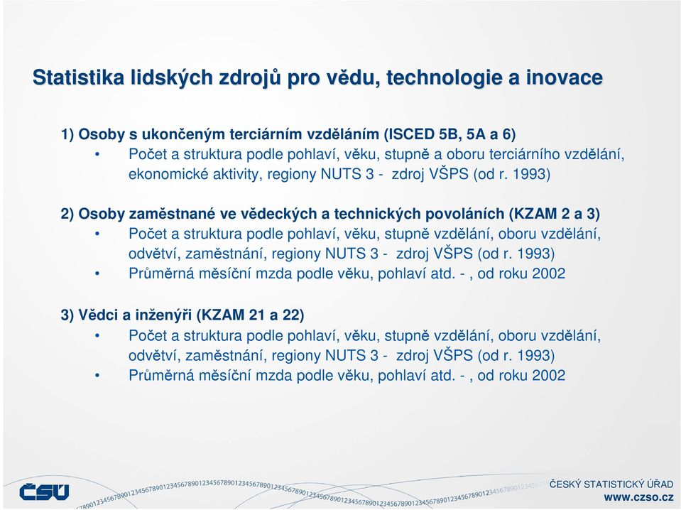 1993) 2) Osoby zaměstnané ve vědeckých a technických povoláních (KZAM 2 a 3) Počet a struktura podle pohlaví, věku, stupně vzdělání, oboru vzdělání, odvětví, zaměstnání, regiony NUTS 3 -