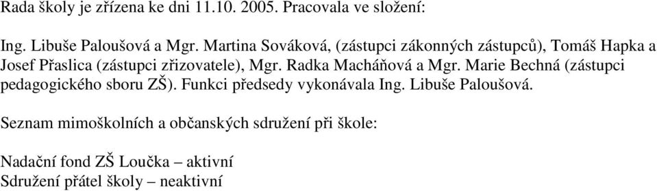 Radka Macháňová a Mgr. Marie Bechná (zástupci pedagogického sboru ZŠ). Funkci předsedy vykonávala Ing.