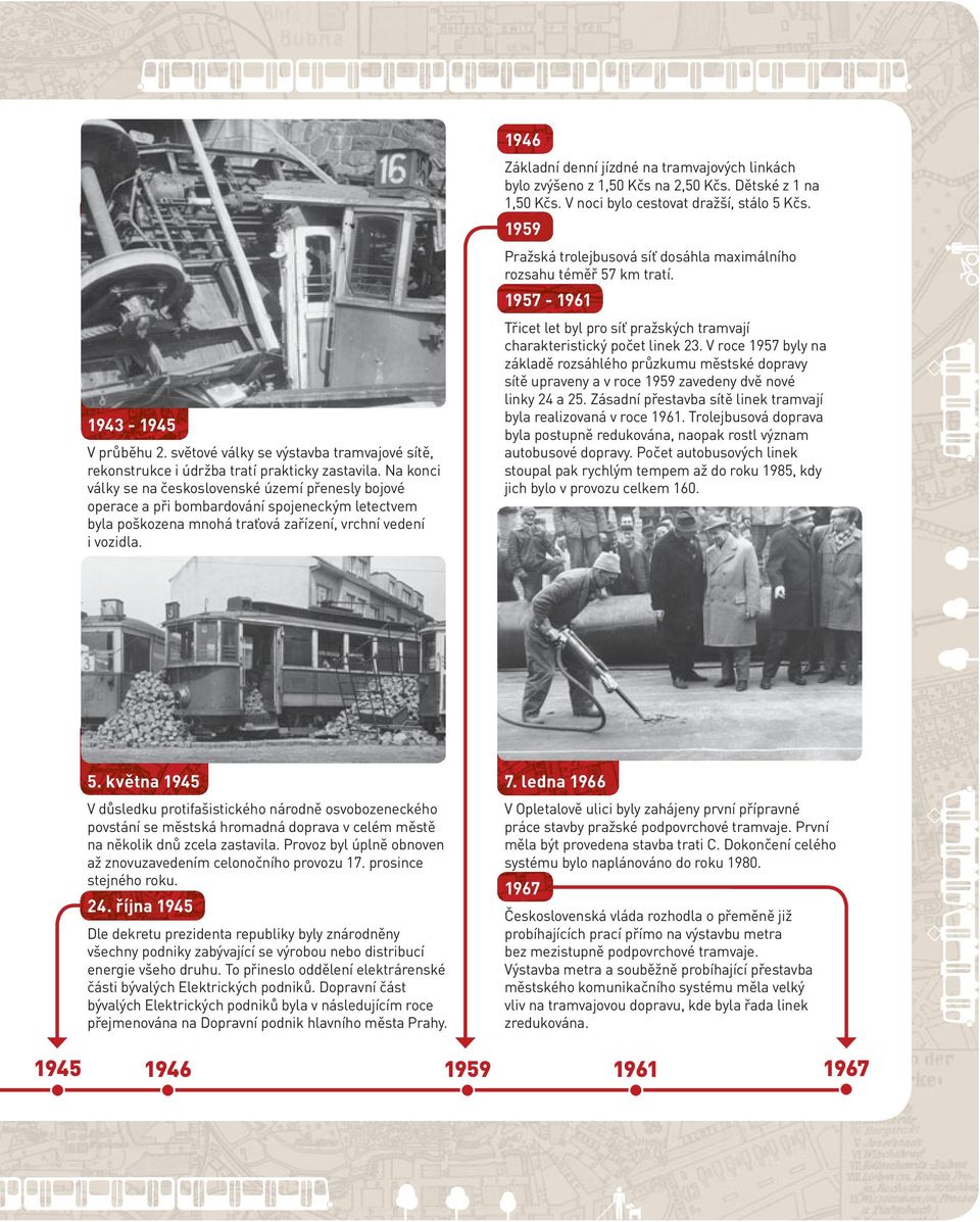 1946 Základní denní jízdné na tramvajových linkách bylo zvýšeno z 1,50 Kčs na 2,50 Kčs. Dětské z 1 na 1,50 Kčs. V noci bylo cestovat dražší, stálo 5 Kčs.