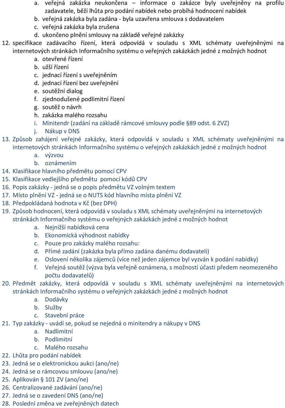 specifikace zadávacího řízení, která odpovídá v souladu s XML schématy uveřejněnými na a. otevřené řízení b. užší řízení c. jednací řízení s uveřejněním d. jednací řízení bez uveřejnění e.