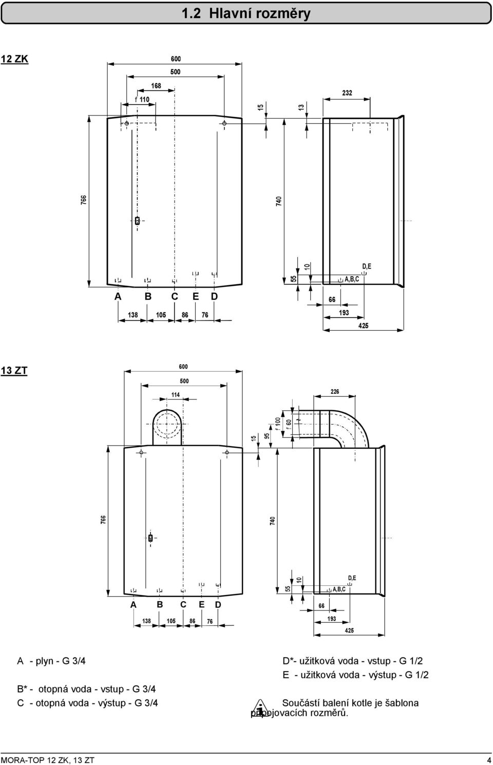 vstup - G 3/4 C - otopná voda - výstup - G 3/4 D*- užitková voda - vstup - G 1/2 E - užitková