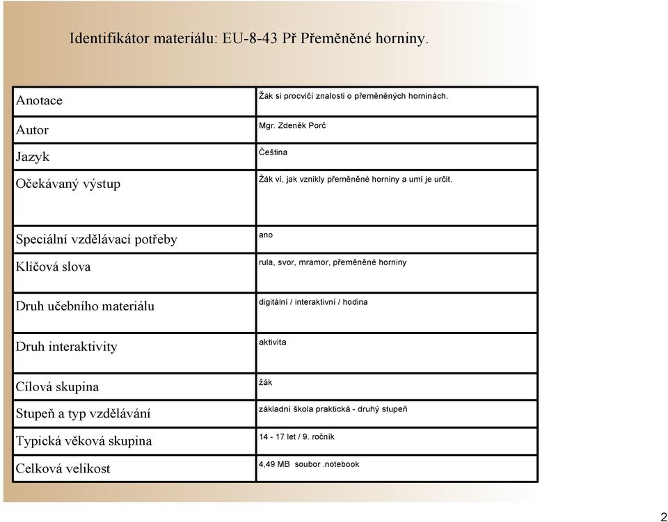 Zdeněk Porč Čeština Žák ví, jak vznikly přeměněné horniny a umí je určit.