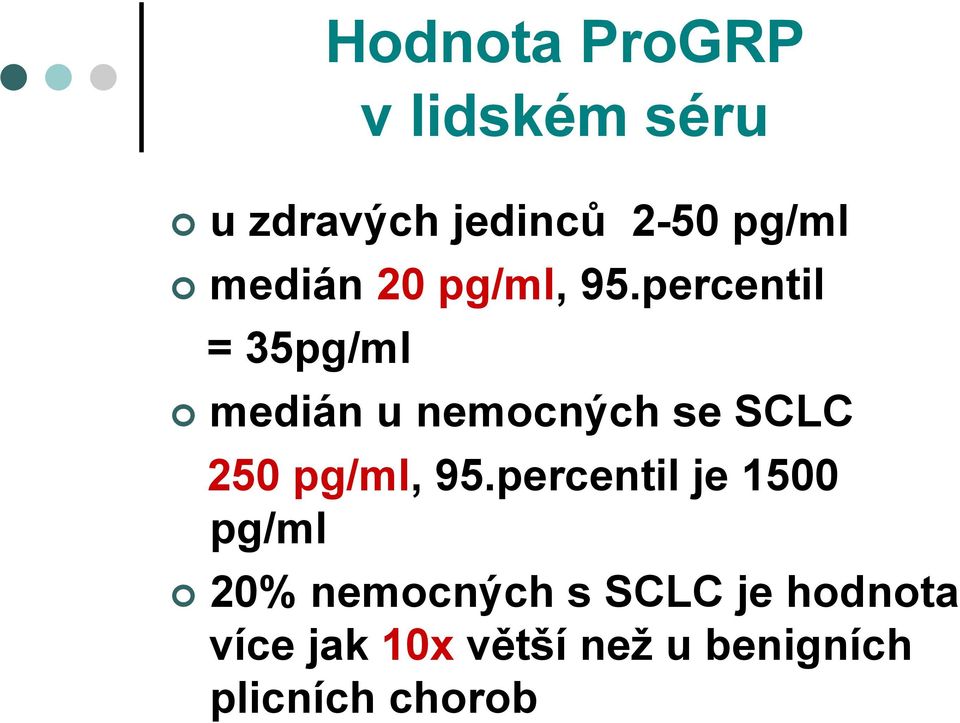 percentil = 35pg/ml medián u nemocných se SCLC 250 pg/ml, 95.