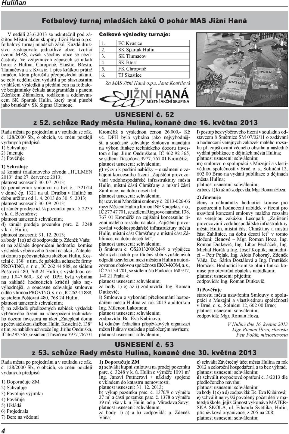 2013; b) podnájemní smlouvu na byt č. 1321/24 v domě čp. 1321 na ul. Družba v Hulíně na dobu určitou od 1. 4. 2013 do 30. 9. 2013; platnost usnesení: 30. 09. 2013; c) záměr prodeje id. ¼ pozemku parc.