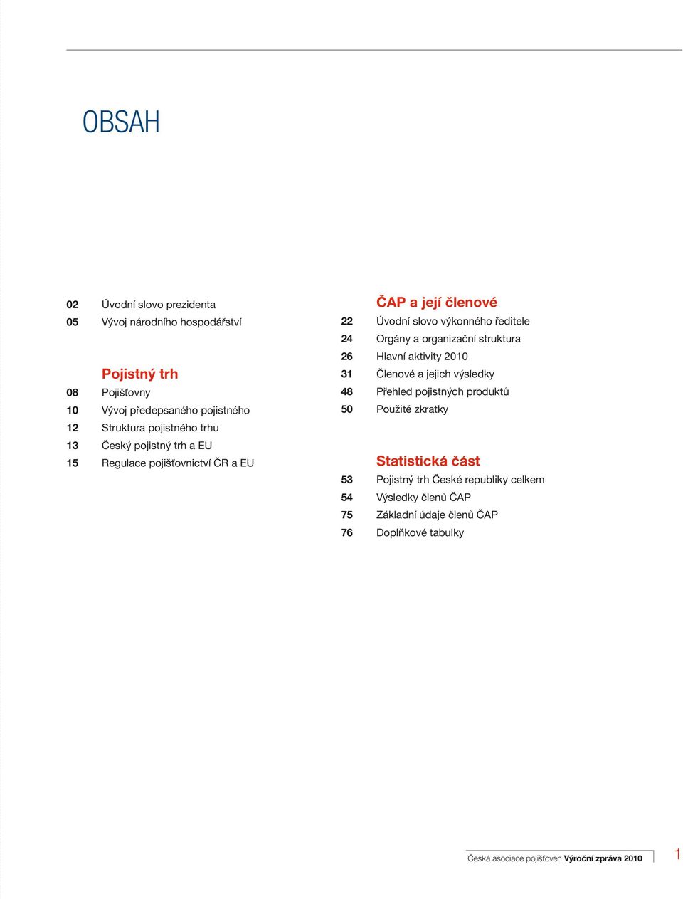 organizační struktura 26 Hlavní aktivity 2010 31 Členové a jejich výsledky 48 Přehled pojistných produktů 50 Použité zkratky Statistická část 53