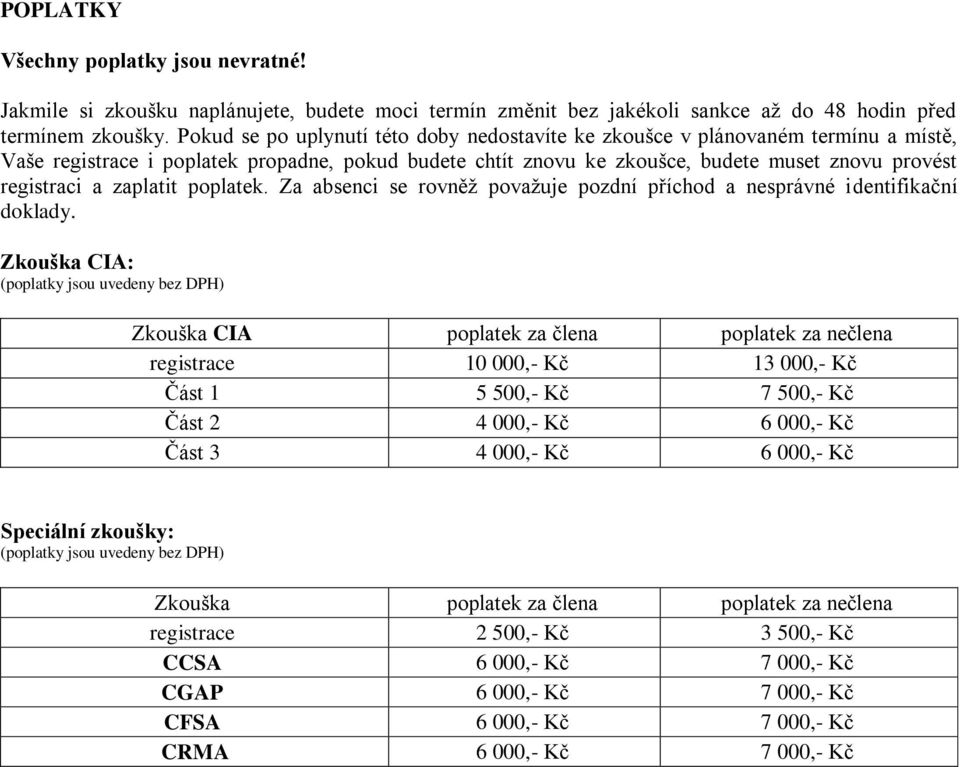 zaplatit poplatek. Za absenci se rovněž považuje pozdní příchod a nesprávné identifikační doklady.