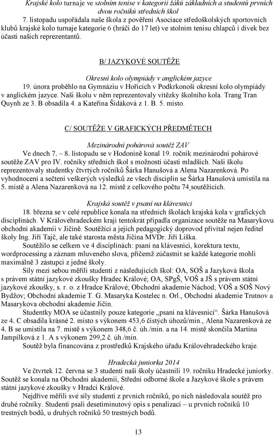 reprezentantů. B/ JAZYKOVÉ SOUTĚŽE Okresní kolo olympiády v anglickém jazyce 19. února proběhlo na Gymnáziu v Hořicích v Podkrkonoší okresní kolo olympiády v anglickém jazyce.