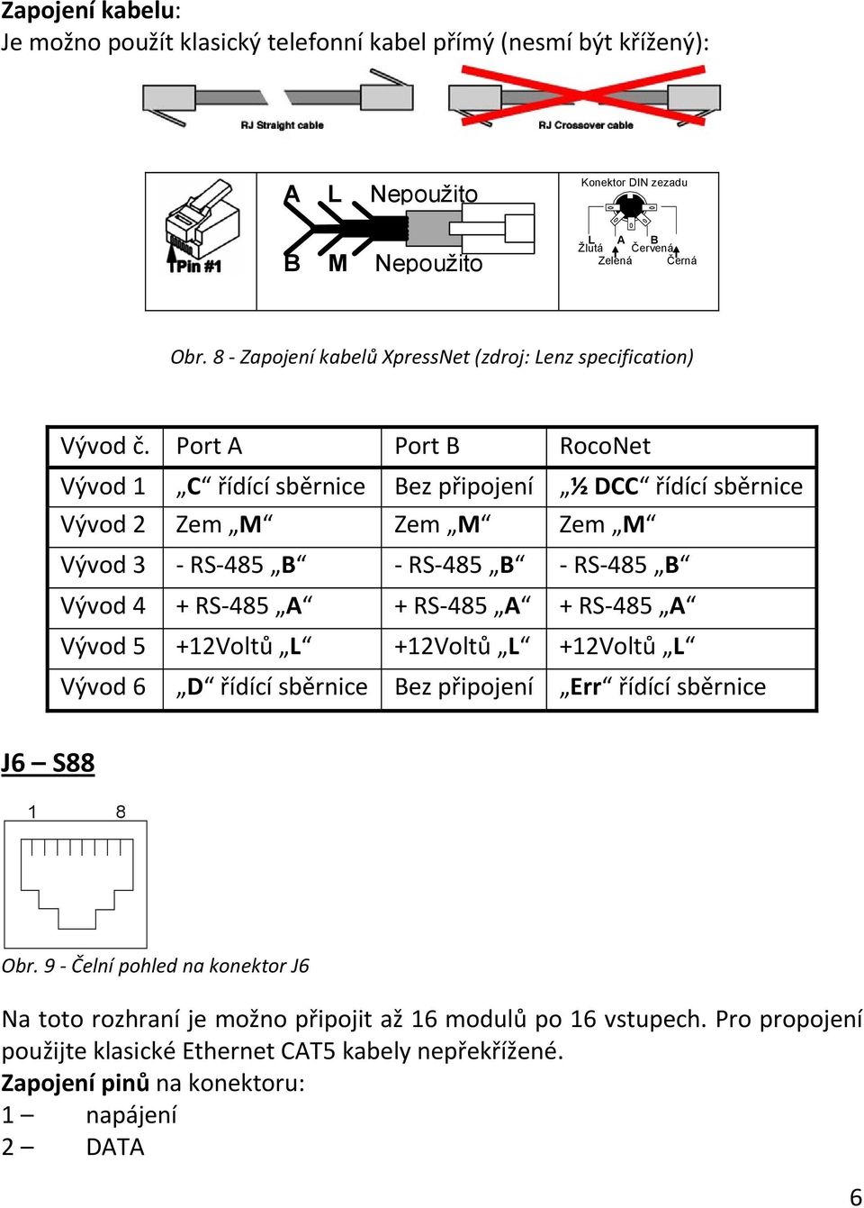 Port A Port B RocoNet Vývod 1 C řídící sběrnice Bez připojení ½ DCC řídící sběrnice Vývod 2 Zem M Zem M Zem M Vývod 3 RS 485 B RS 485 B RS 485 B Vývod 4 + RS 485 A + RS 485 A + RS 485 A