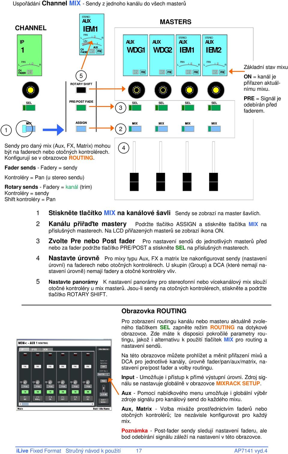 1 MIX ASSIGN 2 MIX MIX MIX MIX Sendy pro daný mix (Aux, FX, Matrix) mohou být na faderech nebo otočných kontrolérech. Konfigurují se v obrazovce ROUTING.