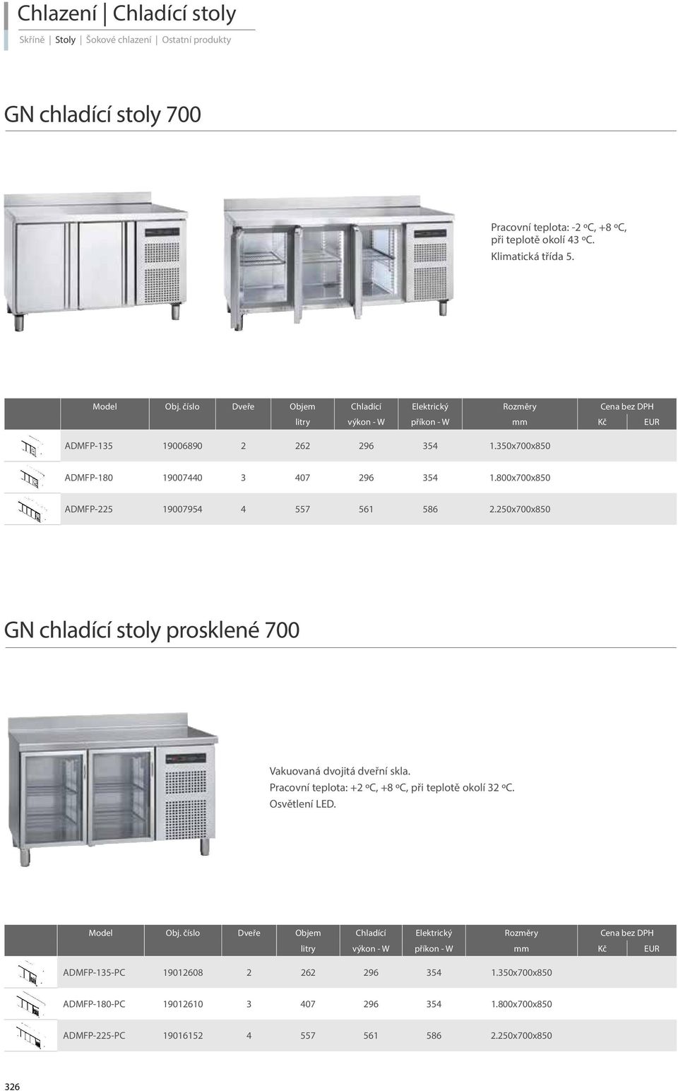 250x700x850 GN chladící stoly prosklené 700 Vakuovaná dvojitá dveřní skla. Pracovní teplota: +2 ºC, +8 ºC, při teplotě okolí 32 ºC. Osvětlení LED.