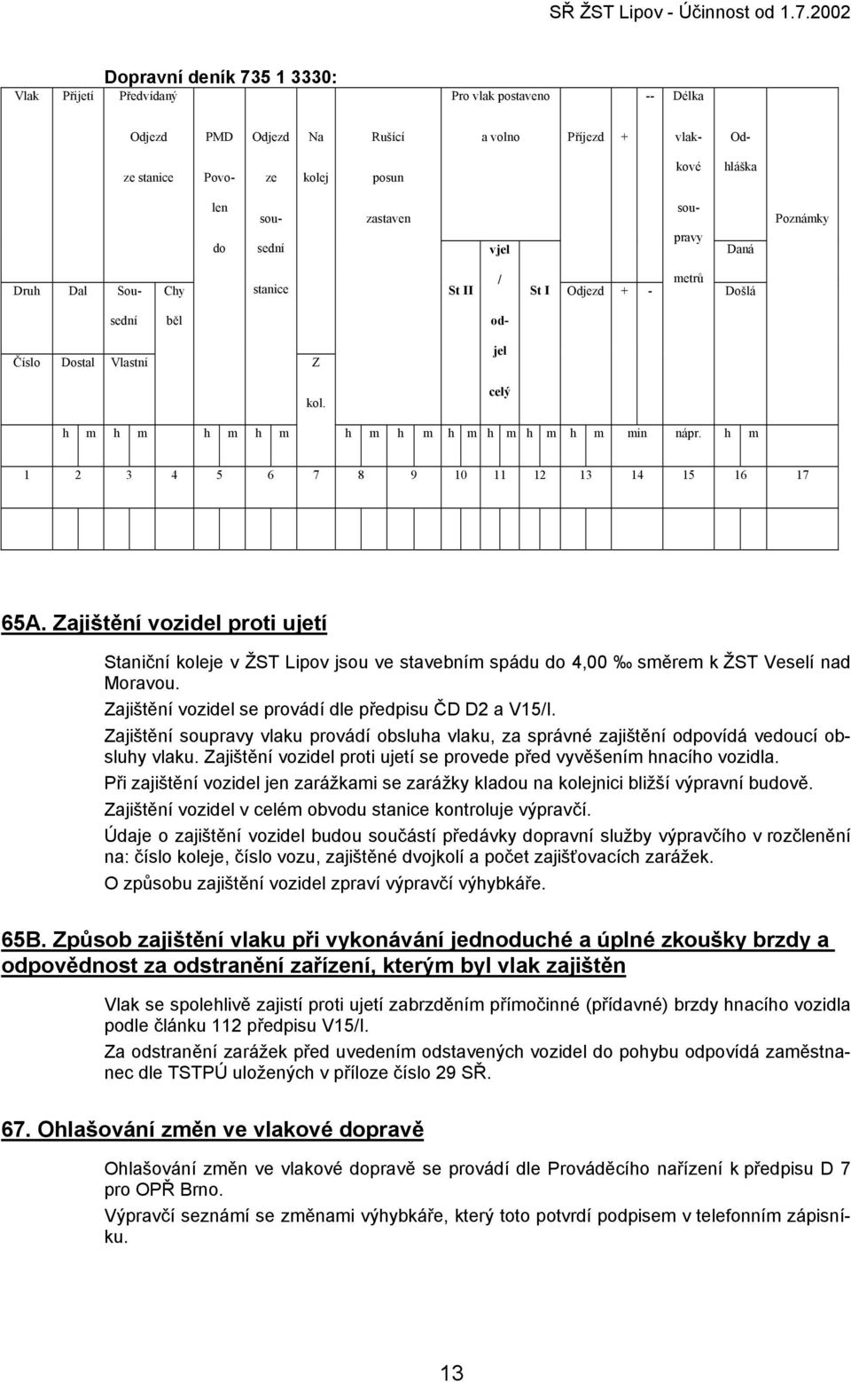 h m 1 2 3 4 5 6 7 8 9 10 11 12 13 14 15 16 17 65A. Zajištění vozidel proti ujetí Staniční koleje v ŽST Lipov jsou ve stavebním spádu do 4,00 směrem k ŽST Veselí nad Moravou.