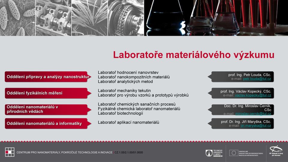 procesů Fyzikálně chemická laboratoř nanomateriálů Laboratoř biotechnologií Laboratoř aplikací nanomateriálů prof. Ing. Petr Louda, CSc. e-mail: petr.louda@tul.cz prof. Ing. Václav Kopecký, CSc.