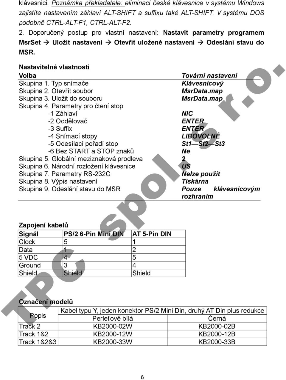 Nastavitelné vlastnosti Volba Tovární nastavení Skupina 1. Typ snímače Klávesnicový Skupina 2. Otevřít soubor MsrData.map Skupina 3. Uložit do souboru MsrData.map Skupina 4.