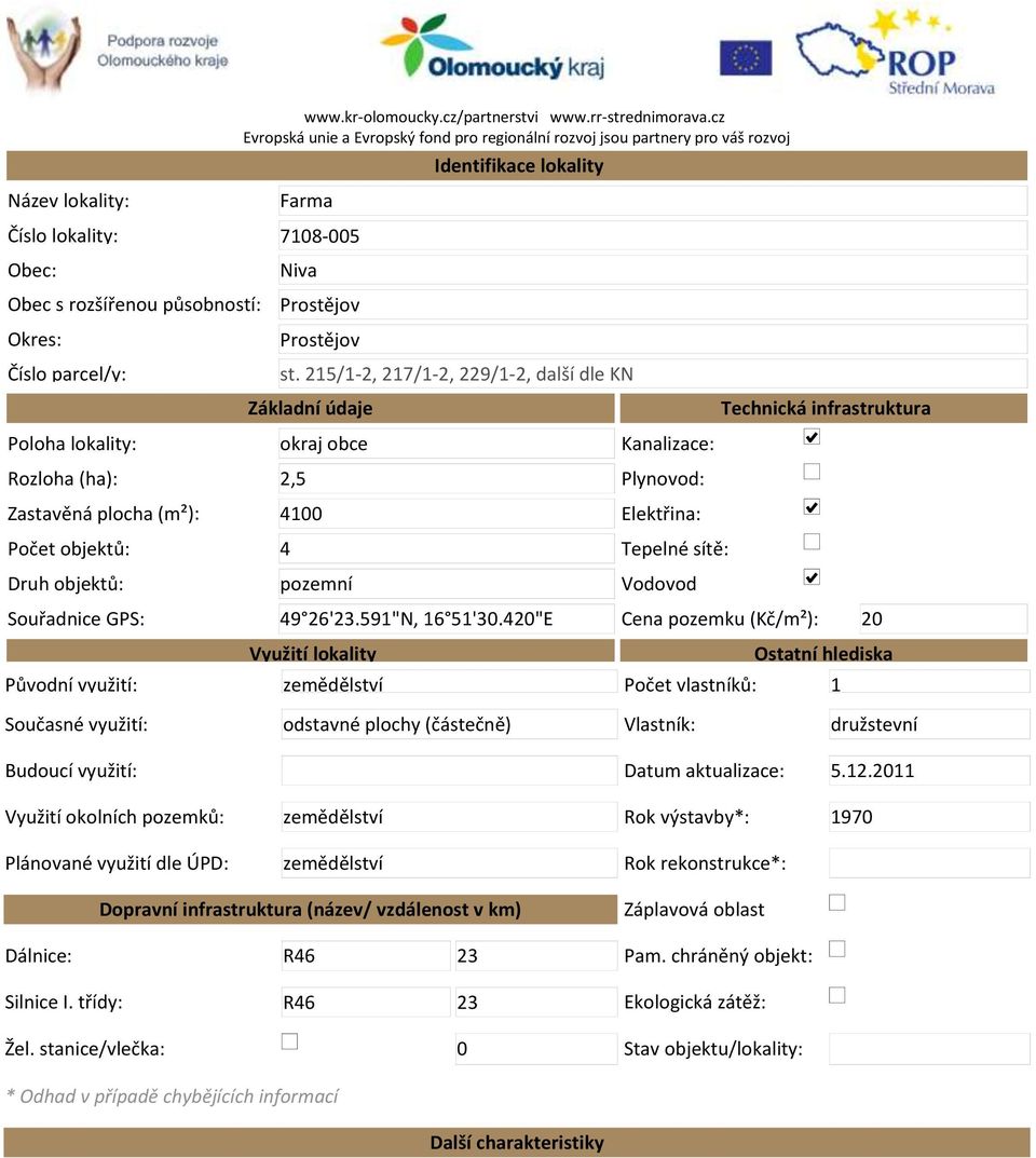 cz Evropská unie a Evropský fond pro regionální rozvoj jsou partnery pro váš rozvoj Farma 7108-005 Niva Prostějov Prostějov Základní údaje okraj obce 2,5 4100 4 pozemní Identifikace lokality st.