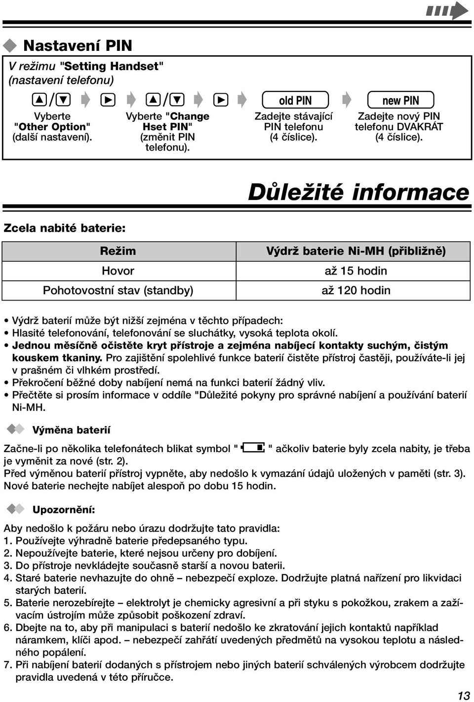 DÛleÏité informace Zcela nabité baterie: ReÏim Hovor Pohotovostní stav (standby) V drï baterie Ni-MH (pfiibliïnû) aï 15 hodin aï 120 hodin V drï baterií mûïe b t niï í zejména v tûchto pfiípadech: