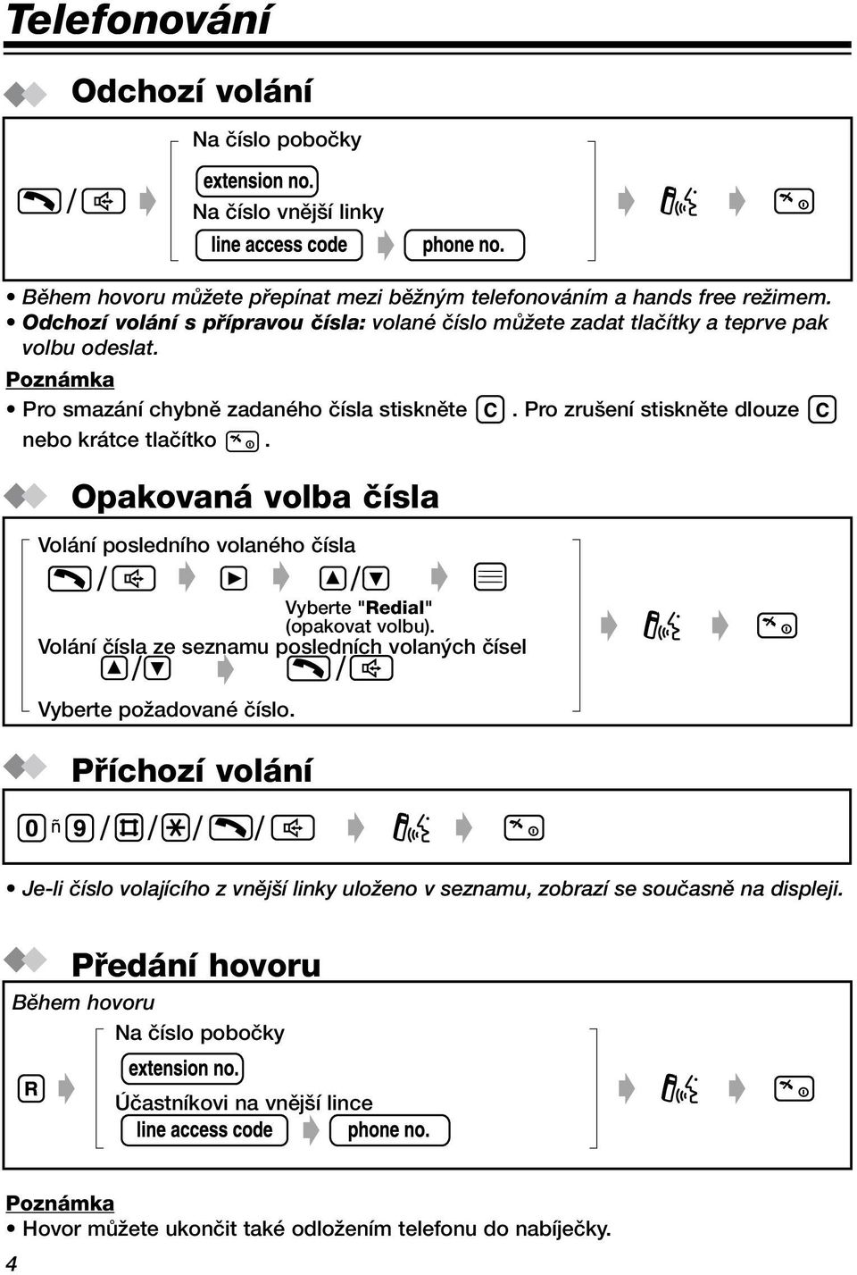 Pro zru ení stisknûte dlouze nebo krátce tlaãítko. Opakovaná volba ãísla Volání posledního volaného ãísla Vyberte "Redial" (opakovat volbu).