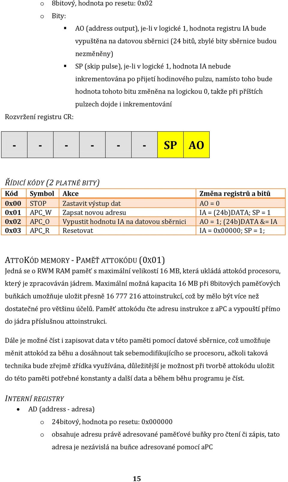 SP AO ŘÍDICÍ KÓDY (2 PLATNÉ BITY) Kód Symbl Akce Změna registrů a bitů 0x00 STOP Zastavit výstup dat AO = 0 0x01 APC_W Zapsat nvu adresu IA = (24b)DATA; SP = 1 0x02 APC_O Vypustit hdntu IA na datvu