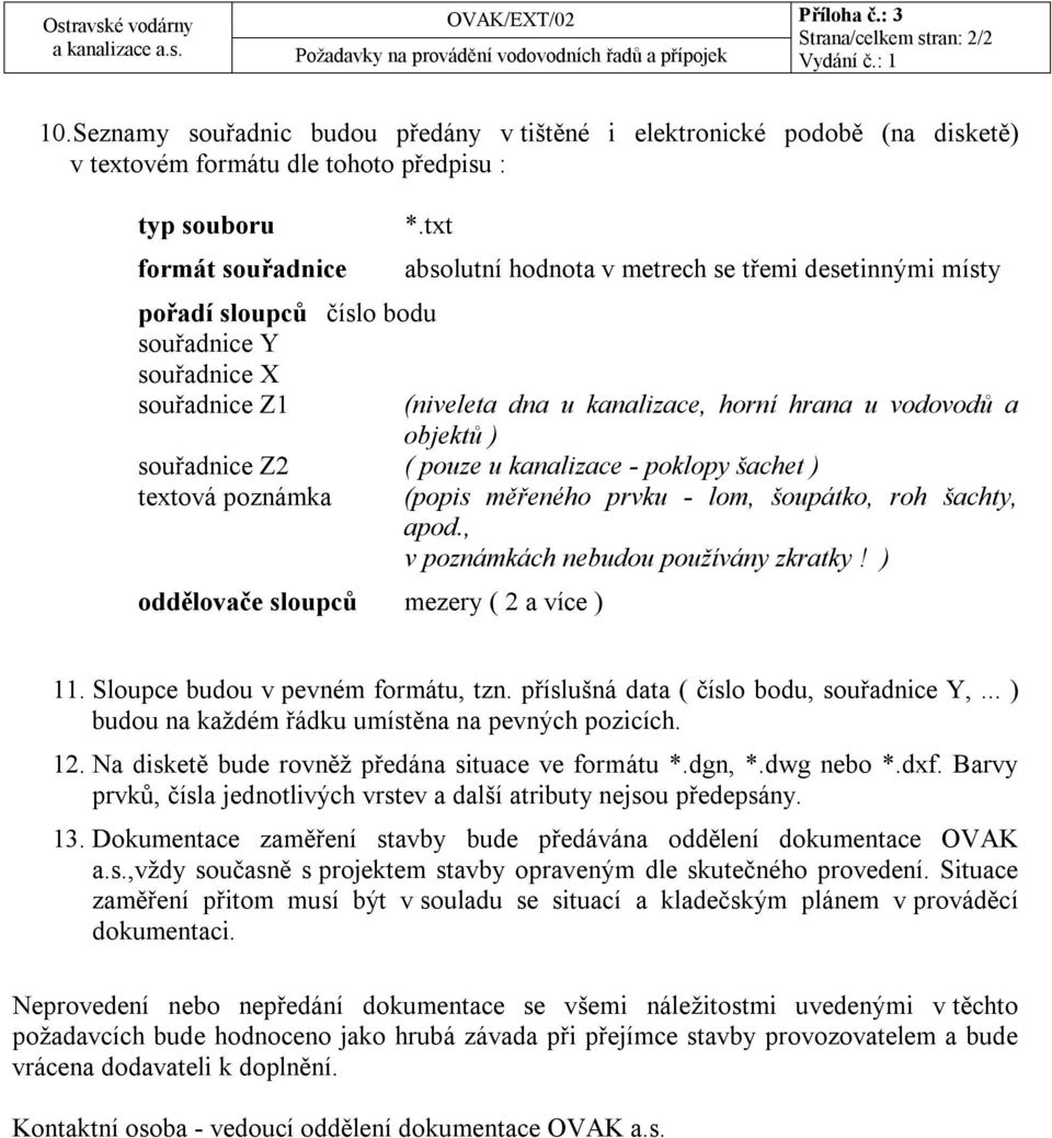 Z2 ( pouze u kanalizace - poklopy šachet ) textová poznámka oddělovače sloupců mezery ( 2 a více ) (popis měřeného prvku - lom, šoupátko, roh šachty, apod., v poznámkách nebudou používány zkratky!