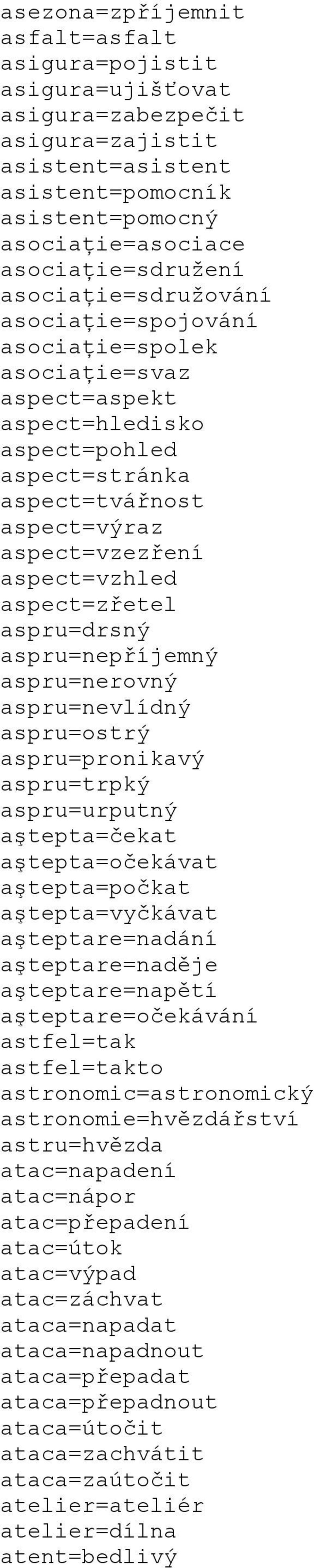 aspect=zřetel aspru=drsný aspru=nepříjemný aspru=nerovný aspru=nevlídný aspru=ostrý aspru=pronikavý aspru=trpký aspru=urputný aştepta=čekat aştepta=očekávat aştepta=počkat aştepta=vyčkávat