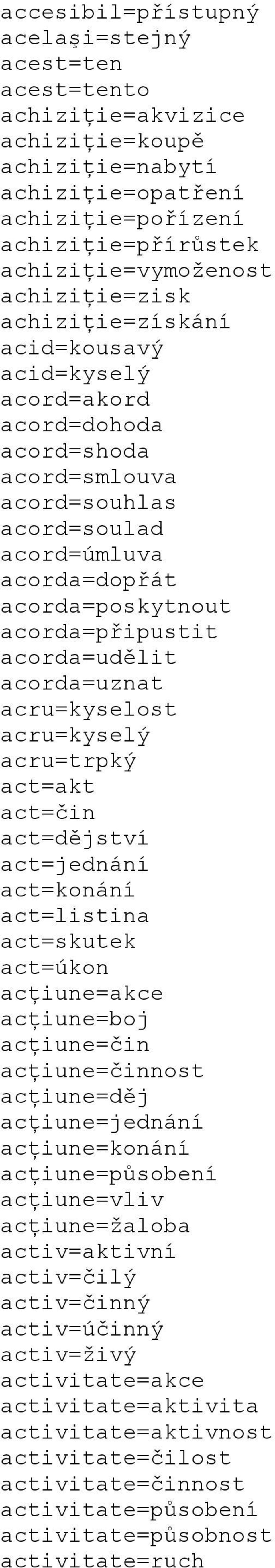 acorda=udělit acorda=uznat acru=kyselost acru=kyselý acru=trpký act=akt act=čin act=dějství act=jednání act=konání act=listina act=skutek act=úkon acţiune=akce acţiune=boj acţiune=čin acţiune=činnost