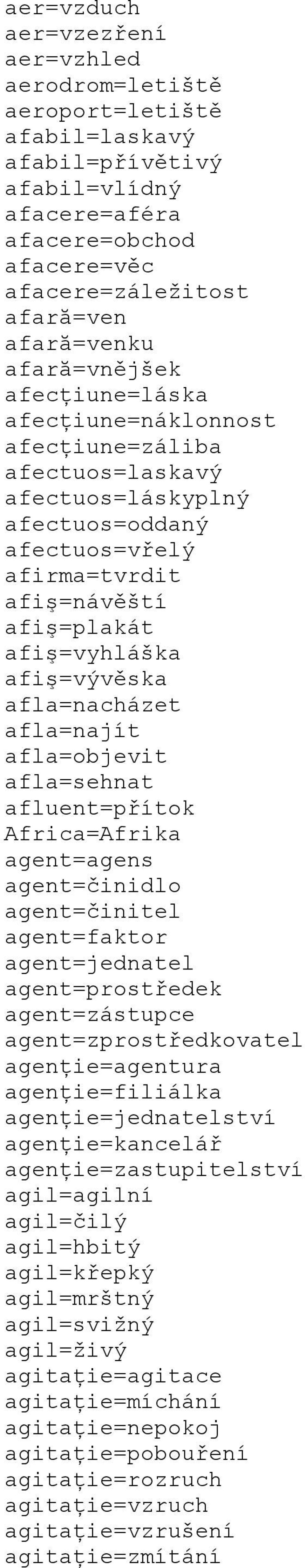 afiş=vývěska afla=nacházet afla=najít afla=objevit afla=sehnat afluent=přítok Africa=Afrika agent=agens agent=činidlo agent=činitel agent=faktor agent=jednatel agent=prostředek agent=zástupce