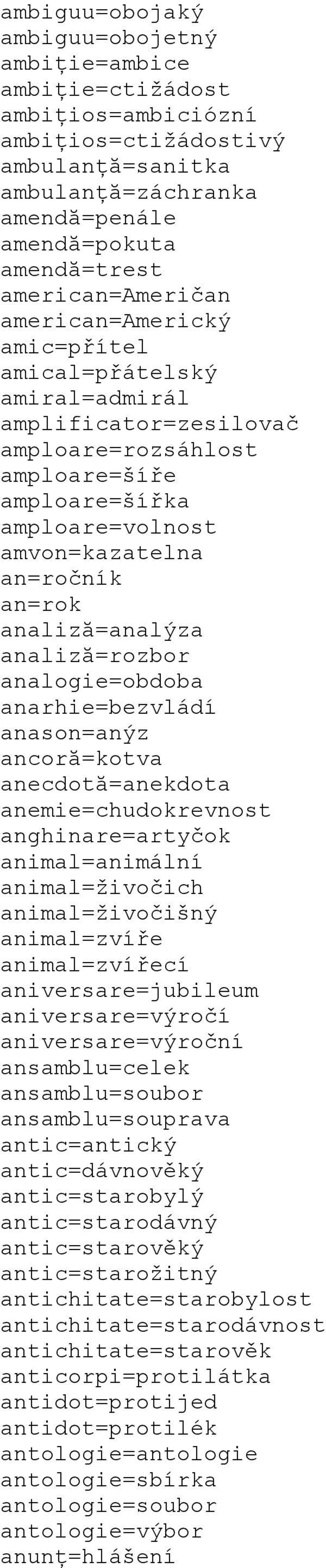 an=rok analiză=analýza analiză=rozbor analogie=obdoba anarhie=bezvládí anason=anýz ancoră=kotva anecdotă=anekdota anemie=chudokrevnost anghinare=artyčok animal=animální animal=živočich