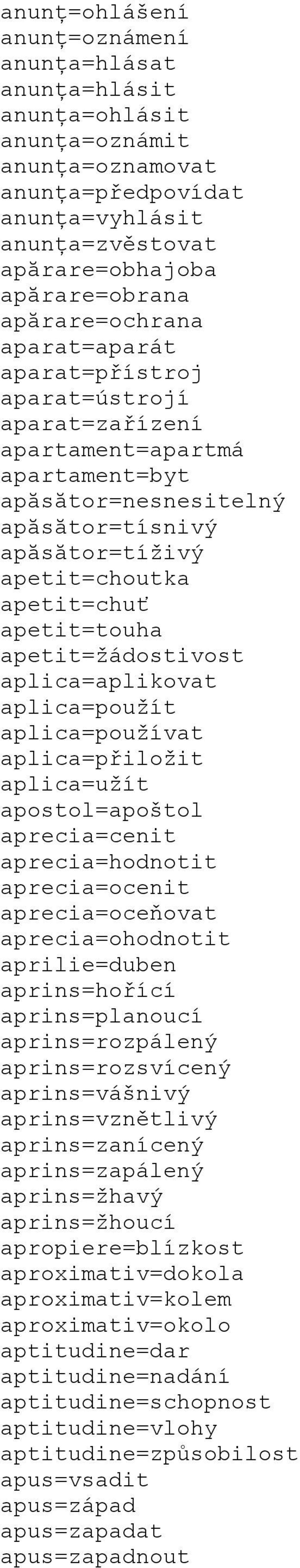 apetit=touha apetit=žádostivost aplica=aplikovat aplica=použít aplica=používat aplica=přiložit aplica=užít apostol=apoštol aprecia=cenit aprecia=hodnotit aprecia=ocenit aprecia=oceňovat