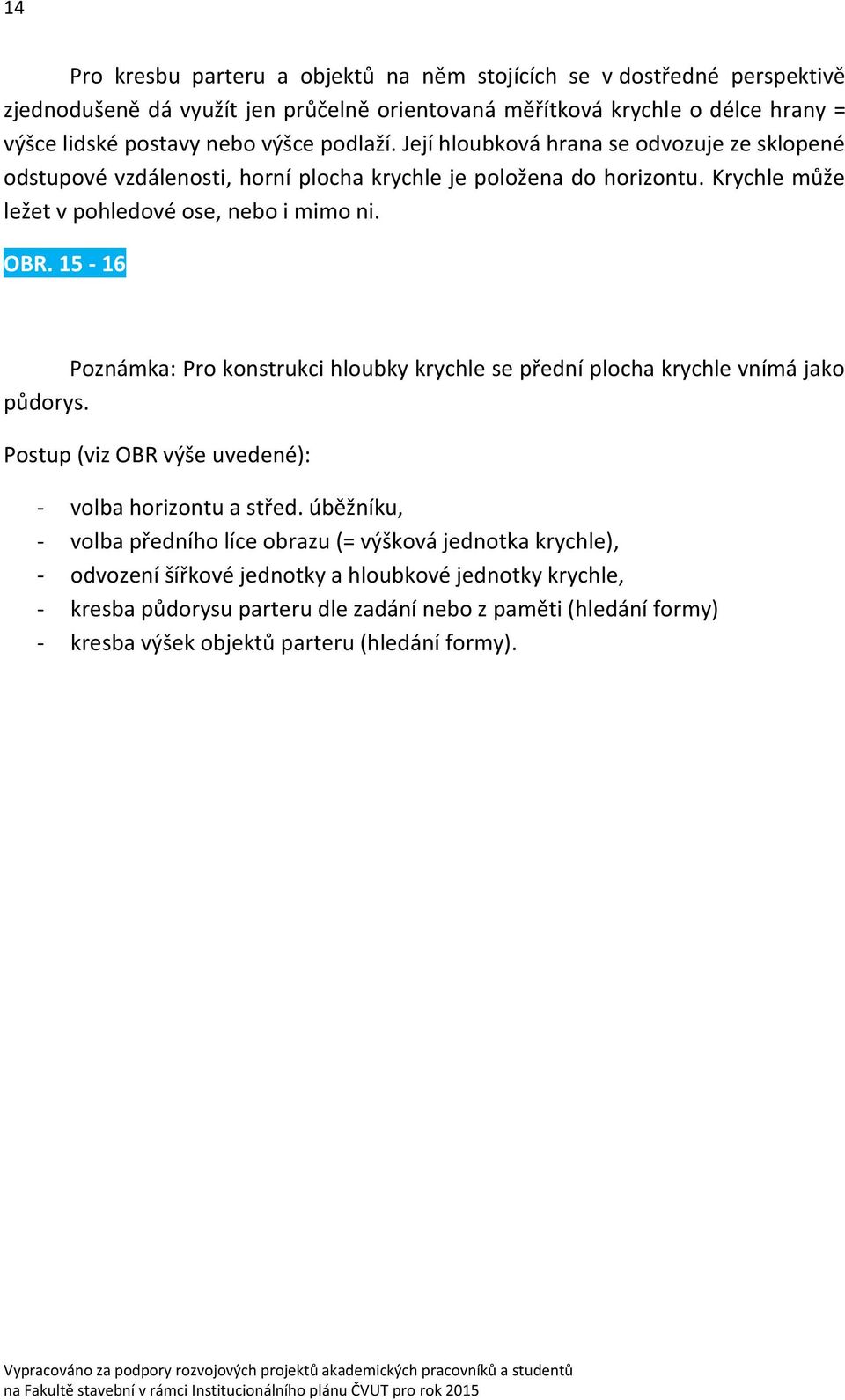 15-16 Poznámka: Pro konstrukci hloubky krychle se přední plocha krychle vnímá jako půdorys. Postup (viz OBR výše uvedené): - volba horizontu a střed.