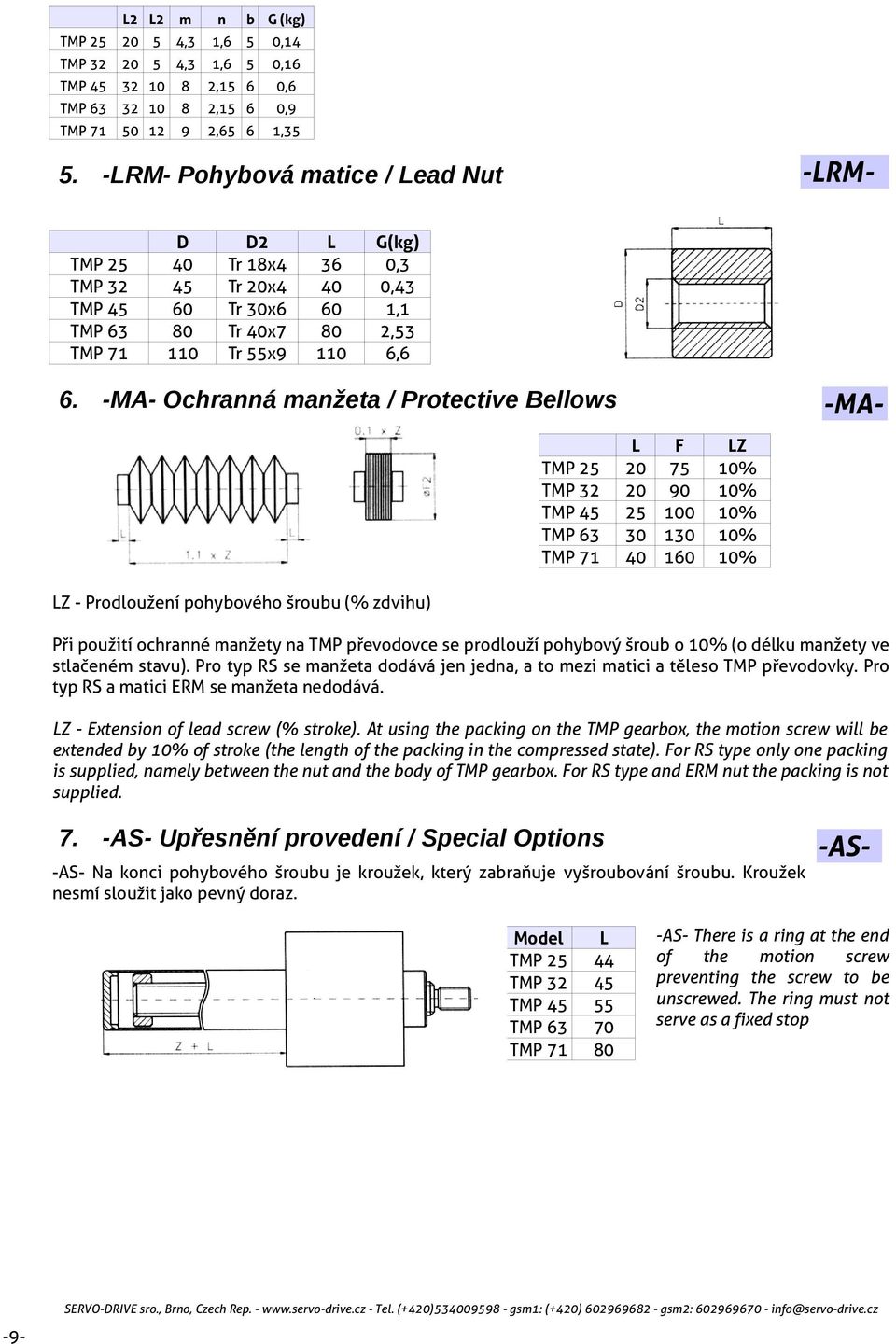 -MA- Ochranná manžeta / Protective Bellows L F LZ TMP 25 20 75 10% TMP 32 20 90 10% TMP 45 25 100 10% TMP 63 30 130 10% TMP 71 40 160 10% LZ - Prodloužení pohybového šroubu (% zdvihu) Při použití