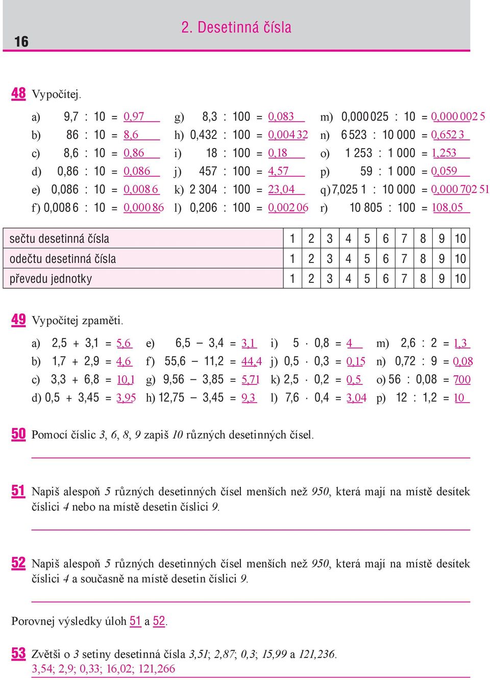 100 = l) 0,206 : 100 = 0,083 0,004 32 0,18 4,57 23,04 0,002 06 m) 0,000 025 : 10 = 0,000 002 5 n) 6523 : 10 000 = 0,652 3 o) 1 253 : 1 000 = 1,253 p) 59 : 1 000 = 0,059 q) 7,025 1 : 10 000 = 0,000