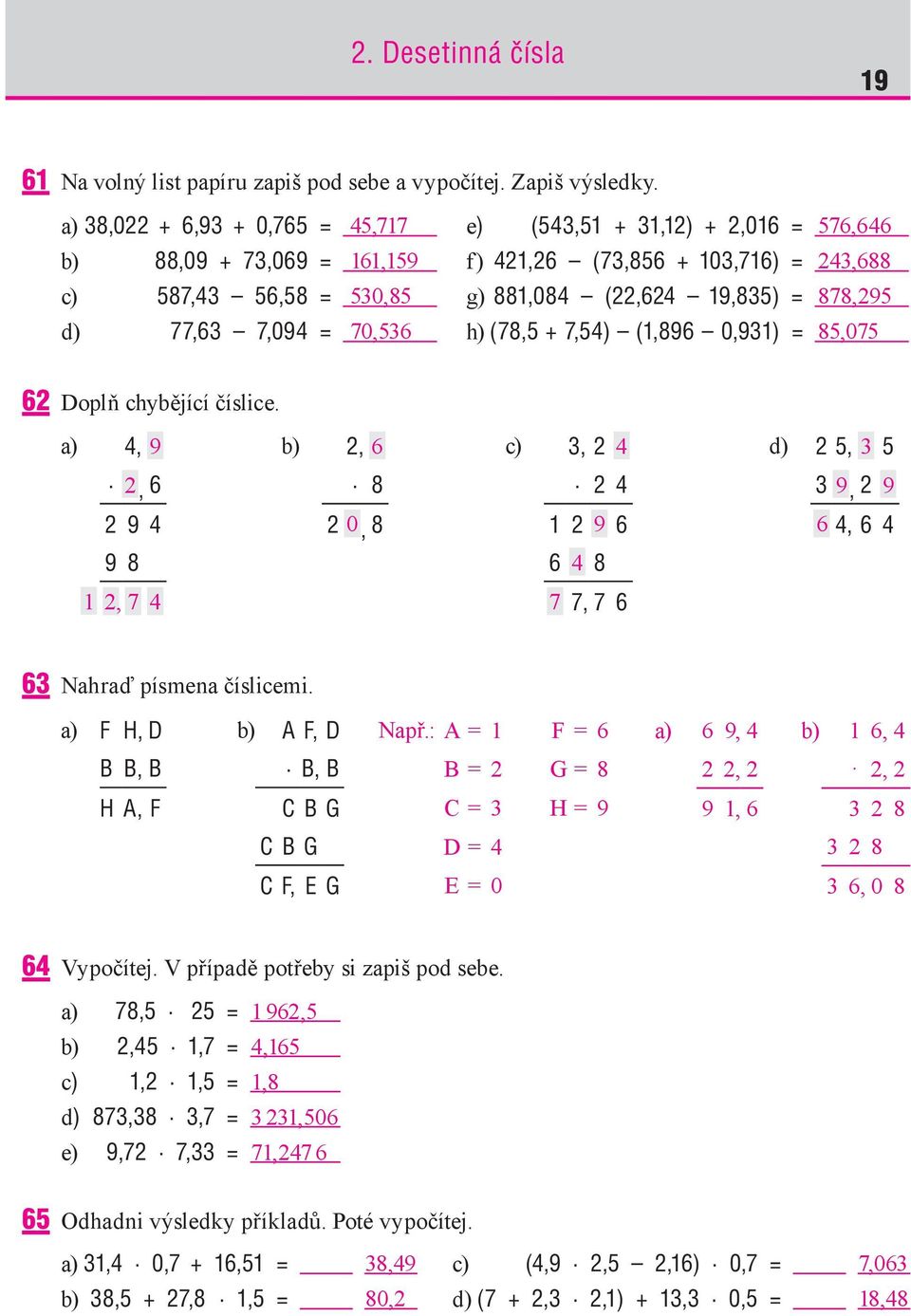 878,295 d) 77,63 7,094 = 70,536 h) (78,5 + 7,54) (1,896 0,931) = 85,075 62 Doplň chybějící číslice.