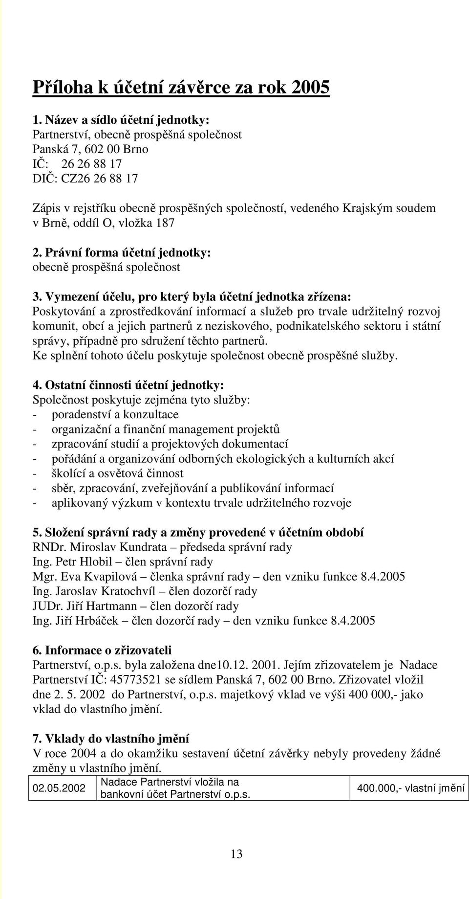 soudem v Brně, oddíl O, vložka 187 2. Právní forma účetní jednotky: obecně prospěšná společnost 3.