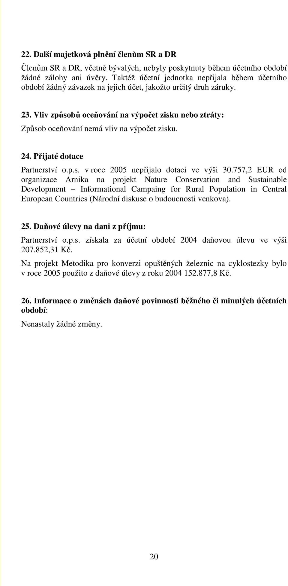 Vliv způsobů oceňování na výpočet zisku nebo ztráty: Způsob oceňování nemá vliv na výpočet zisku. 24. Přijaté dotace Partnerství o.p.s. v roce 2005 nepřijalo dotaci ve výši 30.