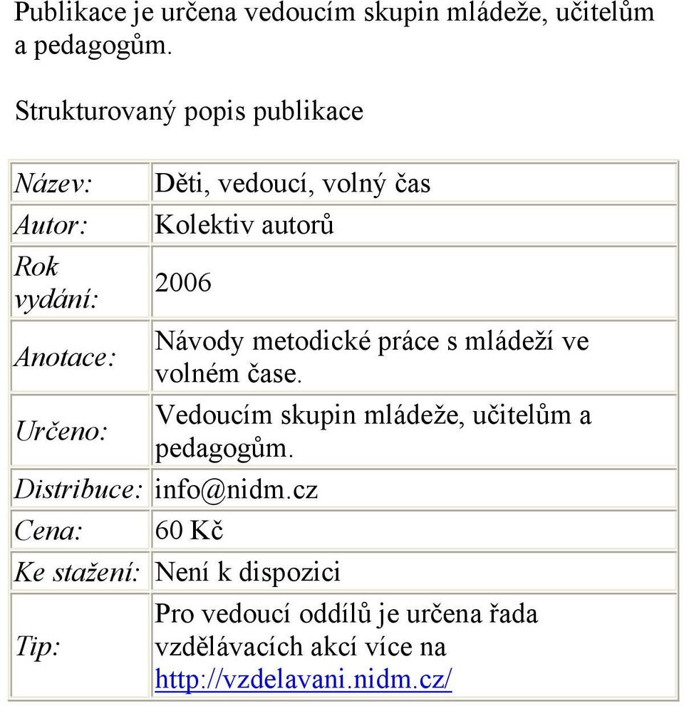 autorů 2006 Návody metodické práce s mládeží ve volném čase. Vedoucím skupin mládeže, učitelům a pedagogům.