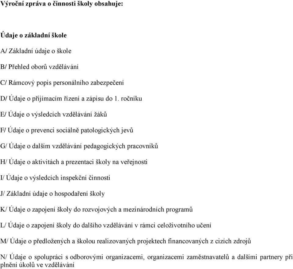 veřejnosti I/ Údaje o výsledcích inspekční činnosti J/ Základní údaje o hospodaření školy K/ Údaje o zapojení školy do rozvojových a mezinárodních programů L/ Údaje o zapojení školy do dalšího