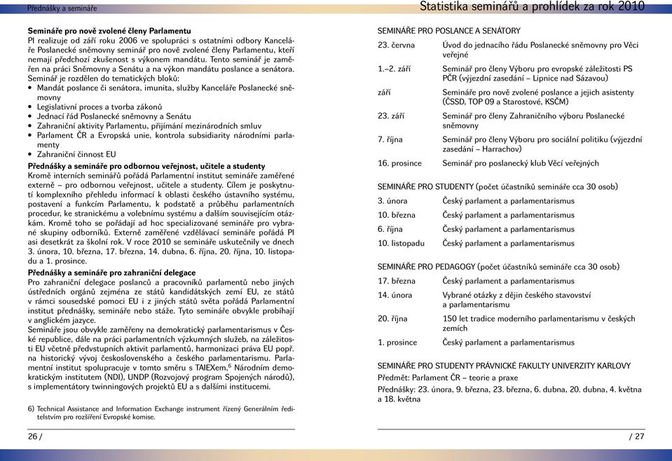 Seminář je rozdělen do tematických bloků: Mandát poslance či senátora, imunita, služby Kanceláře Poslanecké sněmovny Legislativní proces a tvorba zákonů Jednací řád Poslanecké sněmovny a Senátu