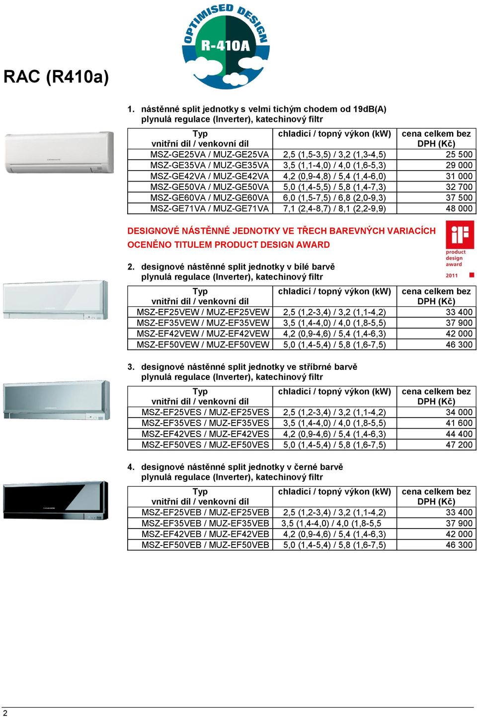 (1,1-4,0) / 4,0 (1,6-5,3) 29 000 MSZ-GE42VA / MUZ-GE42VA 4,2 (0,9-4,8) / 5,4 (1,4-6,0) 31 000 MSZ-GE50VA / MUZ-GE50VA 5,0 (1,4-5,5) / 5,8 (1,4-7,3) 32 700 MSZ-GE60VA / MUZ-GE60VA 6,0 (1,5-7,5) / 6,8