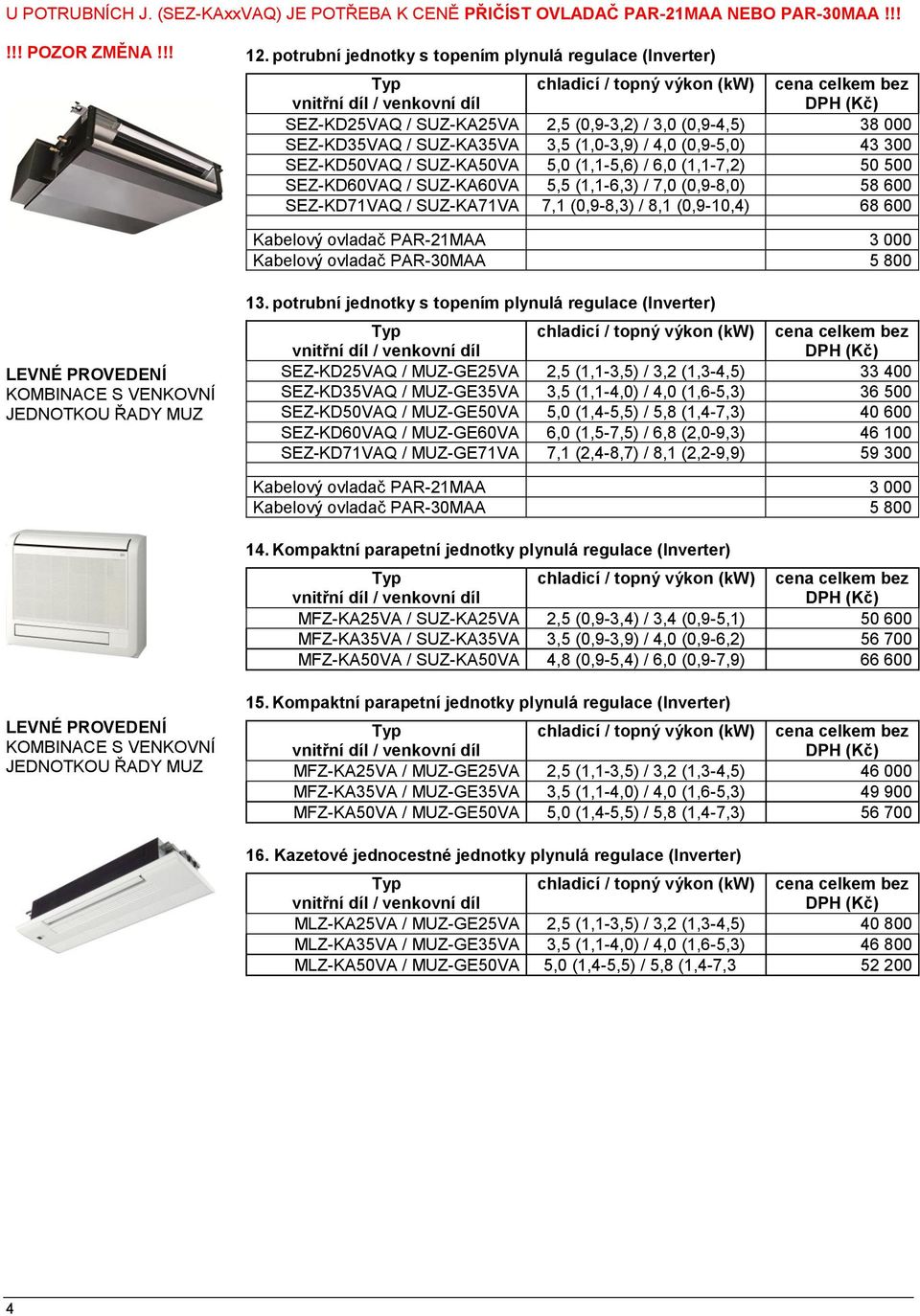 SUZ-KA50VA 5,0 (1,1-5,6) / 6,0 (1,1-7,2) 50 500 SEZ-KD60VAQ / SUZ-KA60VA 5,5 (1,1-6,3) / 7,0 (0,9-8,0) 58 600 SEZ-KD71VAQ / SUZ-KA71VA 7,1 (0,9-8,3) / 8,1 (0,9-10,4) 68 600 Kabelový ovladač PAR-21MAA