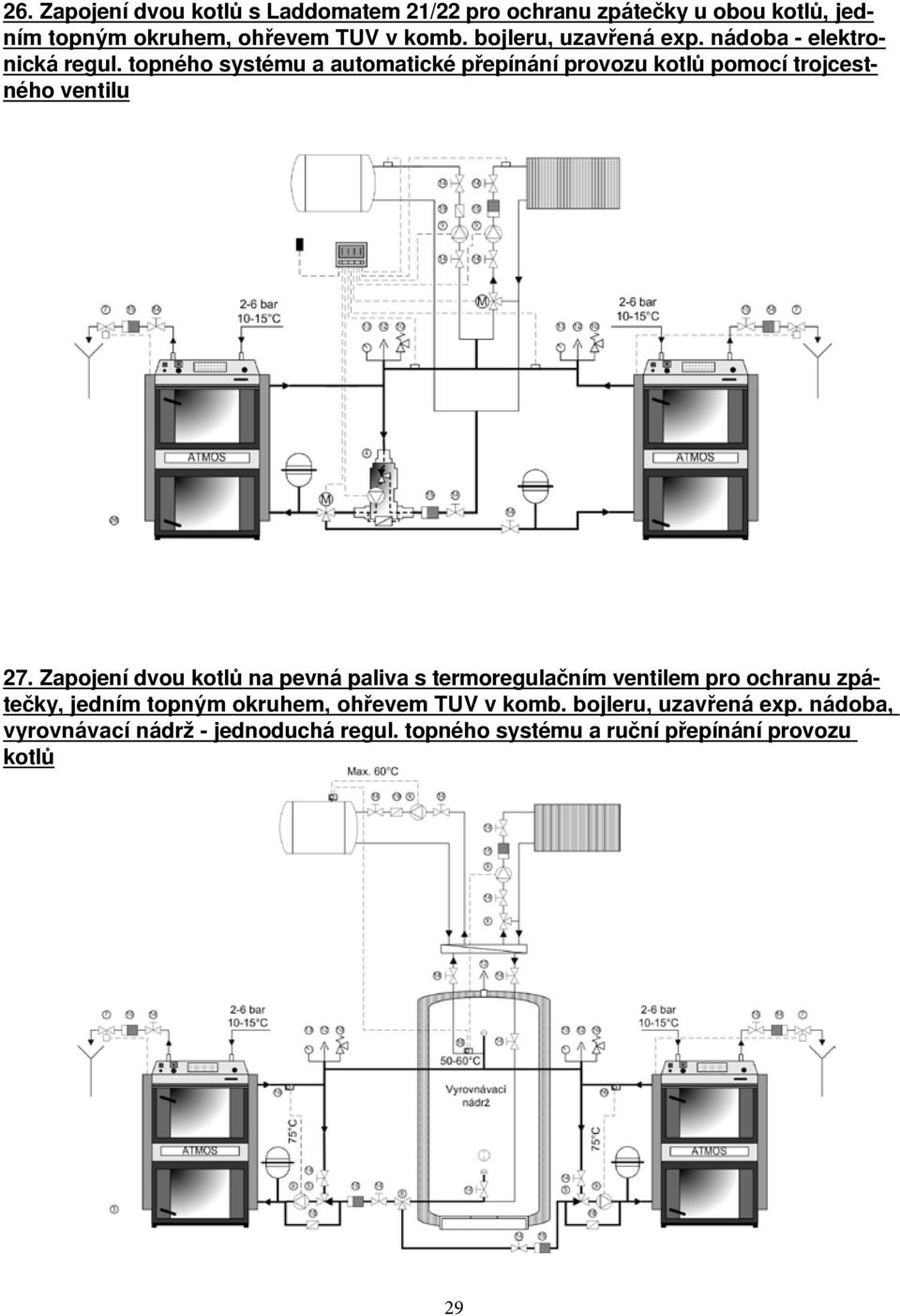 topného systému a automatické přepínání provozu kotlů pomocí trojcestného ventilu 27.