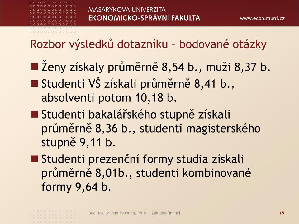 Studenti bakalářského stupně získali průměrně 8,36 b., studenti magisterského stupně 9,11 b.