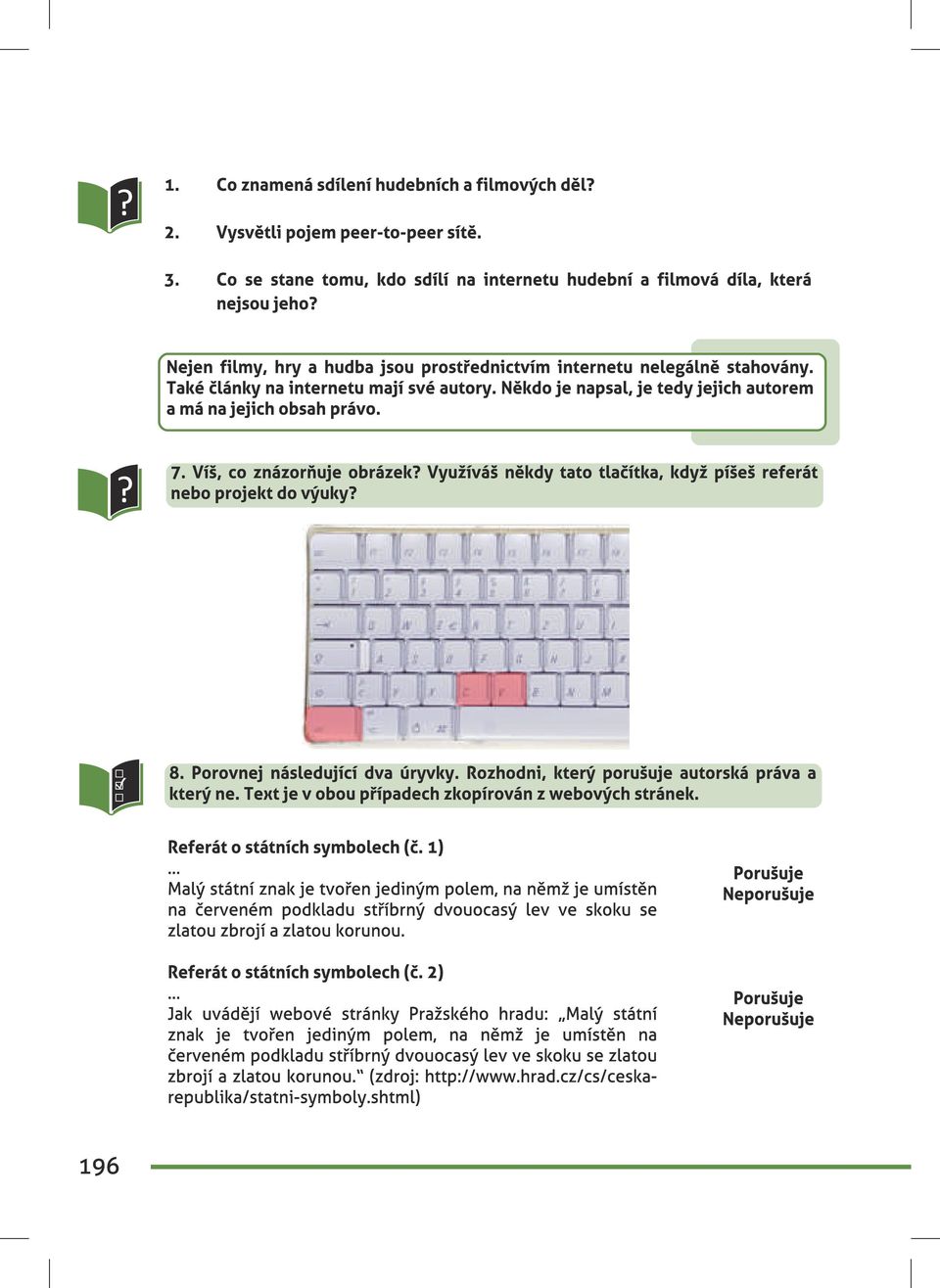 Víš, co znázorňuje obrázek? Využíváš někdy tato tlačítka, když píšeš referát nebo projekt do výuky? 8. Porovnej následující dva úryvky. Rozhodni, který porušuje autorská práva a který ne.