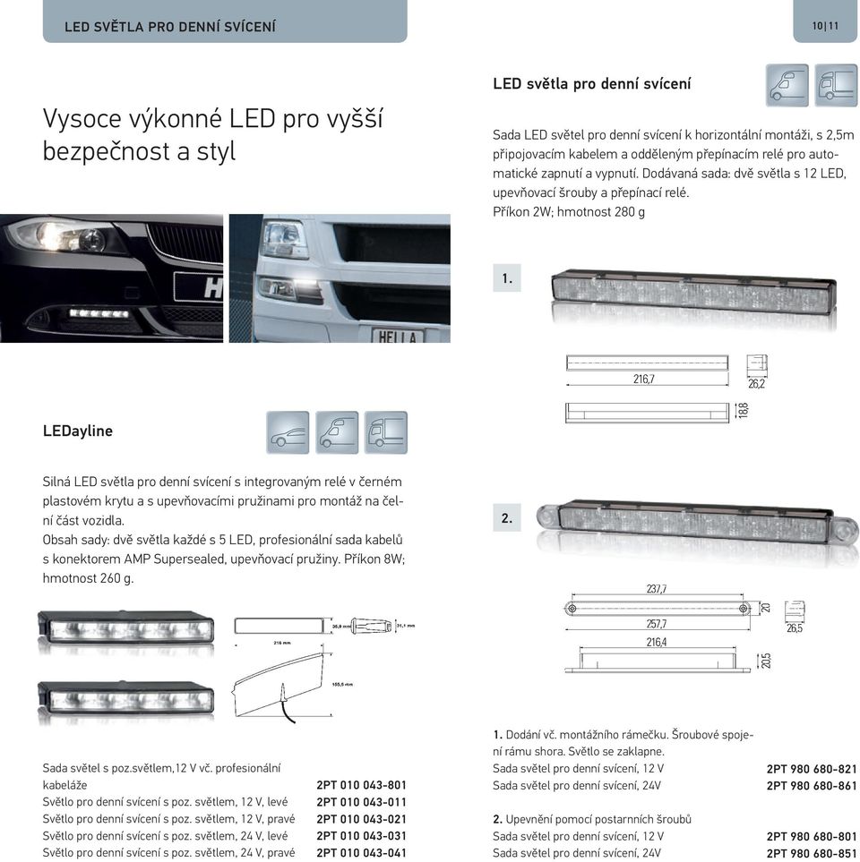 LEDayline Silná LED světla pro denní svícení s integrovaným relé v černém plastovém krytu a s upevňovacími pružinami pro montáž na čelní část vozidla.